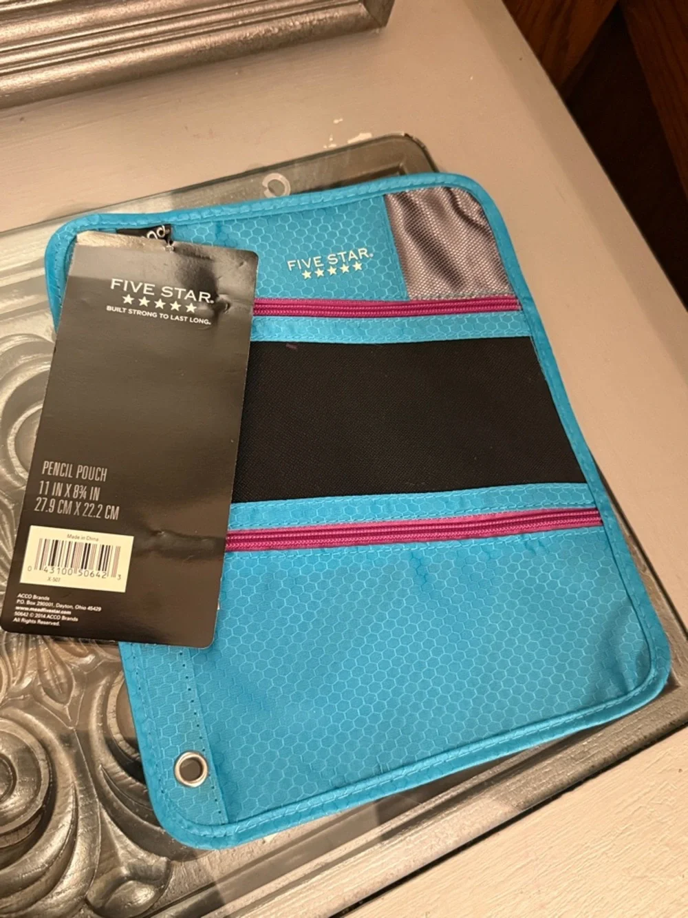 FIVE STAR Teal Mesh Pencil Case with Pink Zippers
